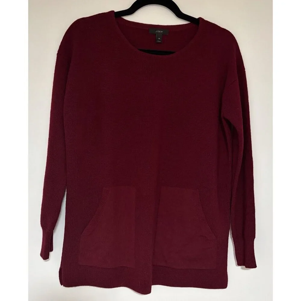 J.CREW Women’s Merino Wool Maroon Red Double Pocket Tunic Sweater Size XS